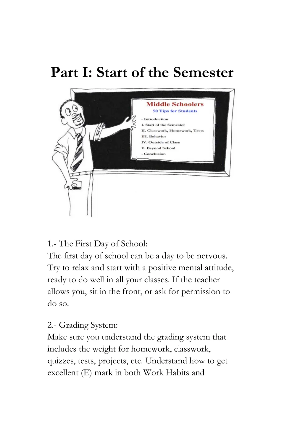 Part I: Start of the Semester opens with tips 1–2 on the first day of school and understanding grading