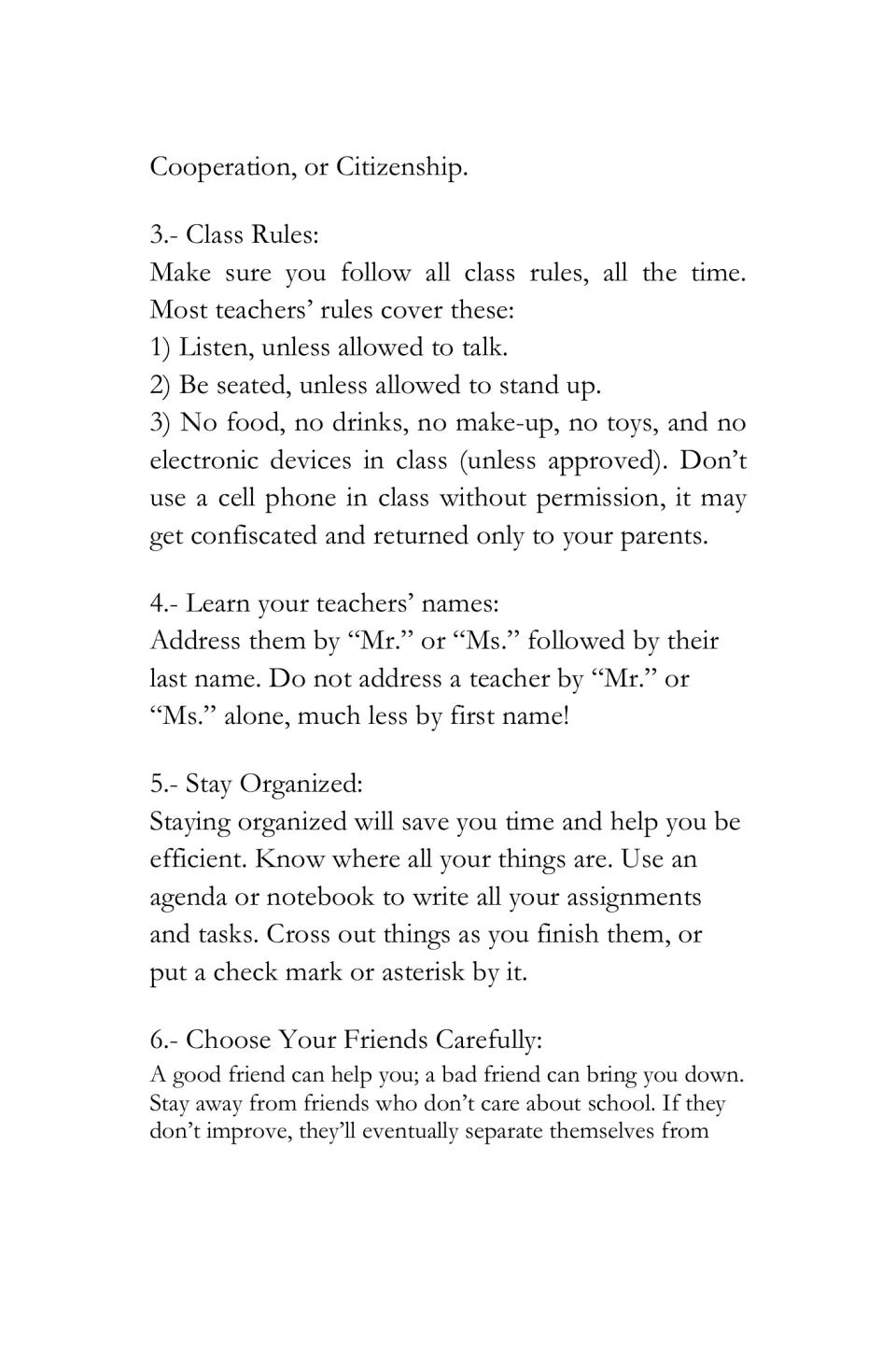 Semester advice continues tip 2 and starts tips 3–6 on class rules, teachers' names, organization, and friends