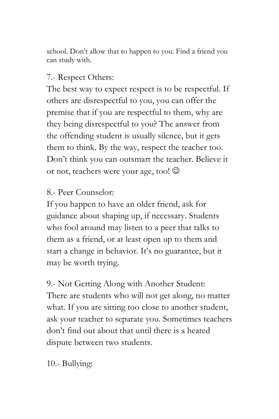 Semester advice finishes tip 6, covers tips 7–9 on respect and peer relationships, and introduces tip 10: Bullying