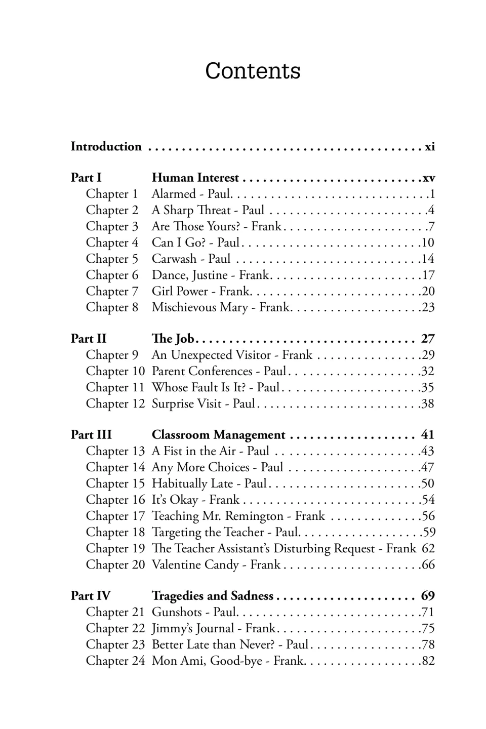 Contents page lists chapters 1–24 under Human Interest, The Job, Classroom Management, and Tragedies and Sadness