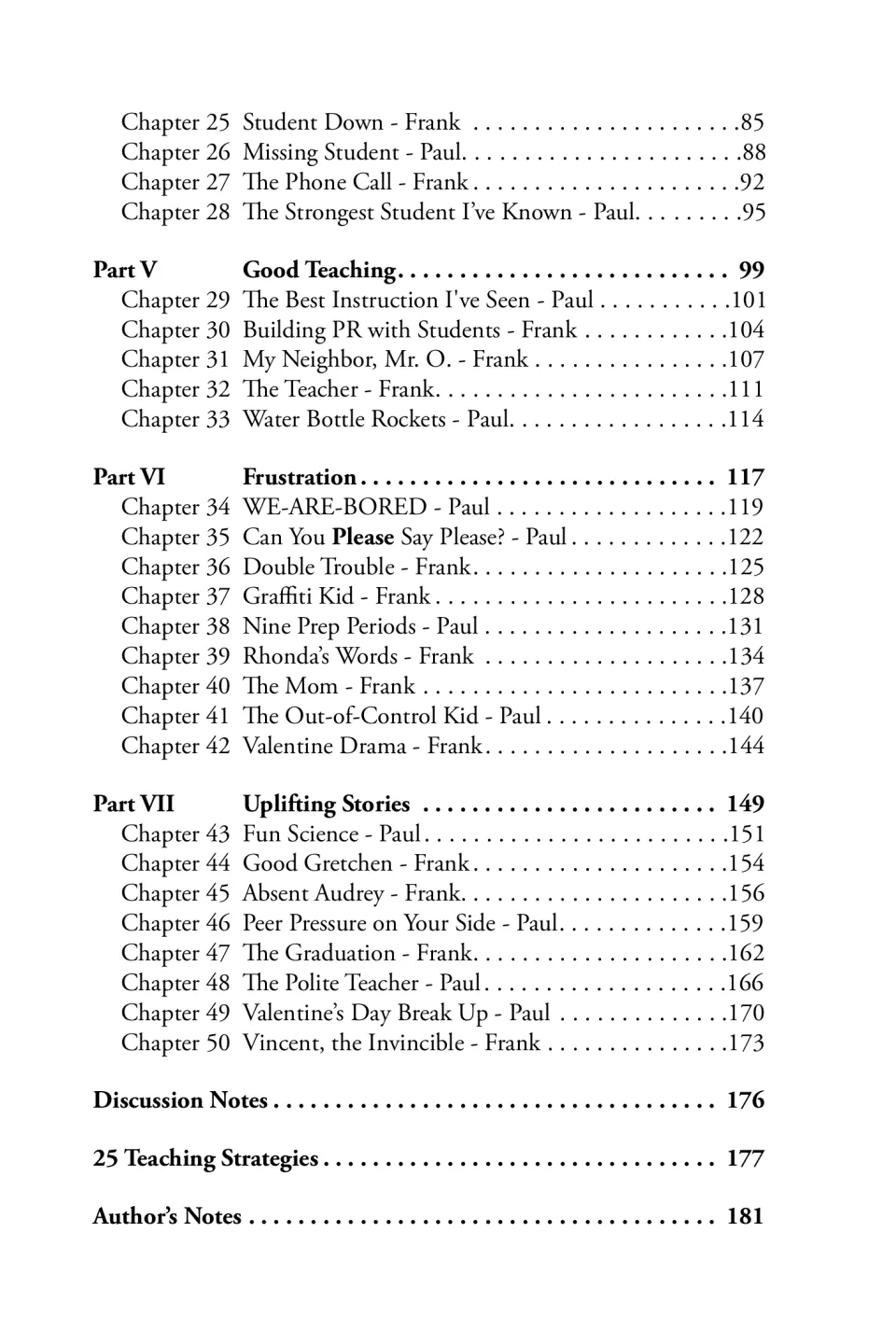 Contents continuation lists chapters 25–50, discussion notes, 25 teaching strategies, and author's notes