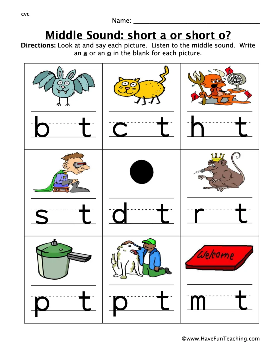 Short a or short o practice: fill in the middle vowel for bat, cat, hot, sat, dot, rat, pot, pat, and mat.