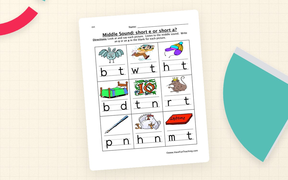 Middle Sounds E or A Worksheet preview: CVC picture-word prompts