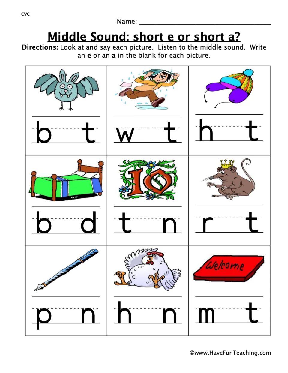 Short e or short a middle sounds: students say 9 CVC picture words like bat, bed and hen, then write e or a in each blank