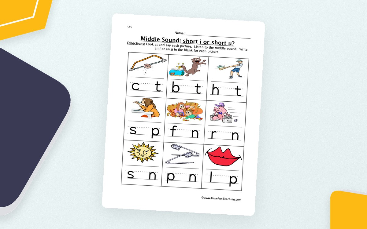Middle Sounds I or U Worksheet preview: Picture cues paired with incomplete CVC words