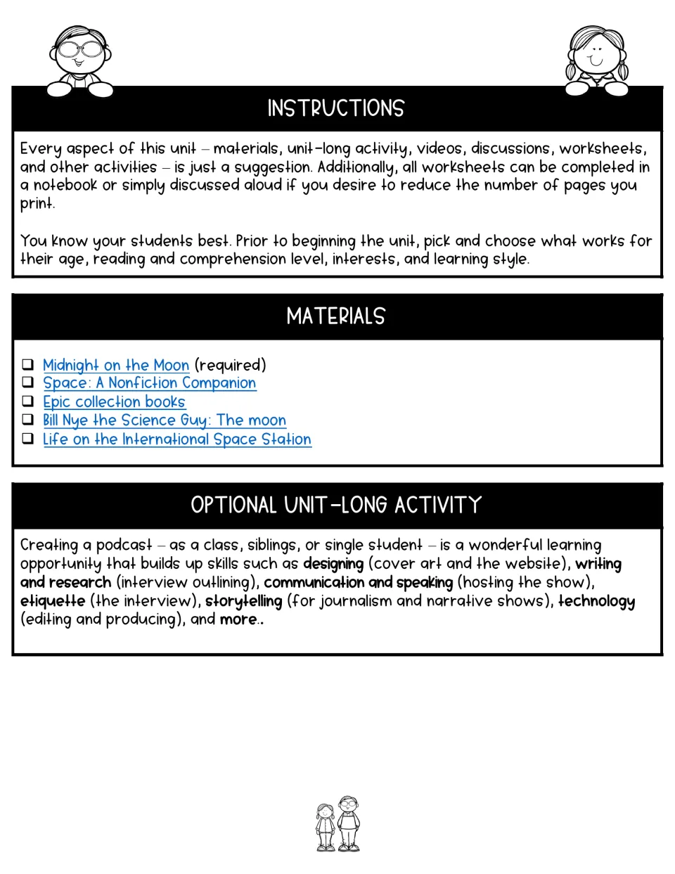 Unit instructions explain flexible worksheet use, list required and optional materials, and suggest a podcast