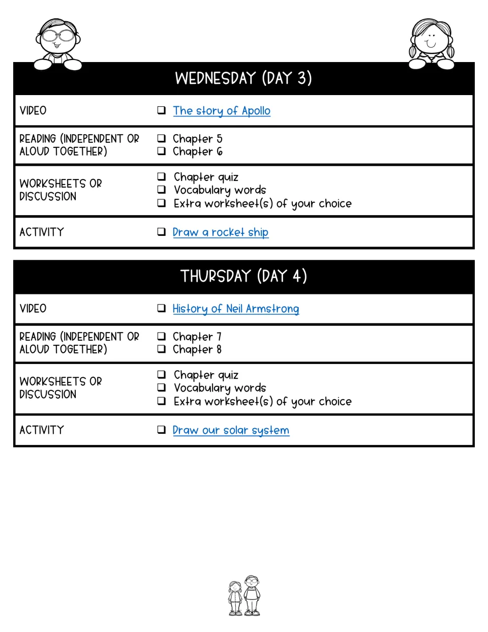 Days 3–4 assign chapters 5–8, Apollo and Neil Armstrong videos, and rocket ship and solar system drawings