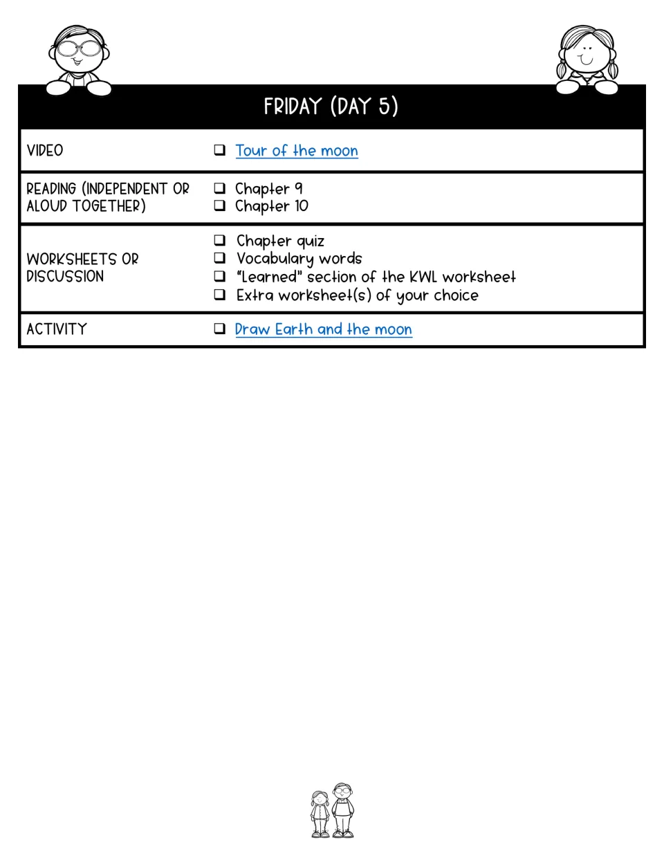 Day 5 assigns chapters 9–10, a moon tour video, quizzes, vocabulary, KWL reflection, and an Earth–moon drawing