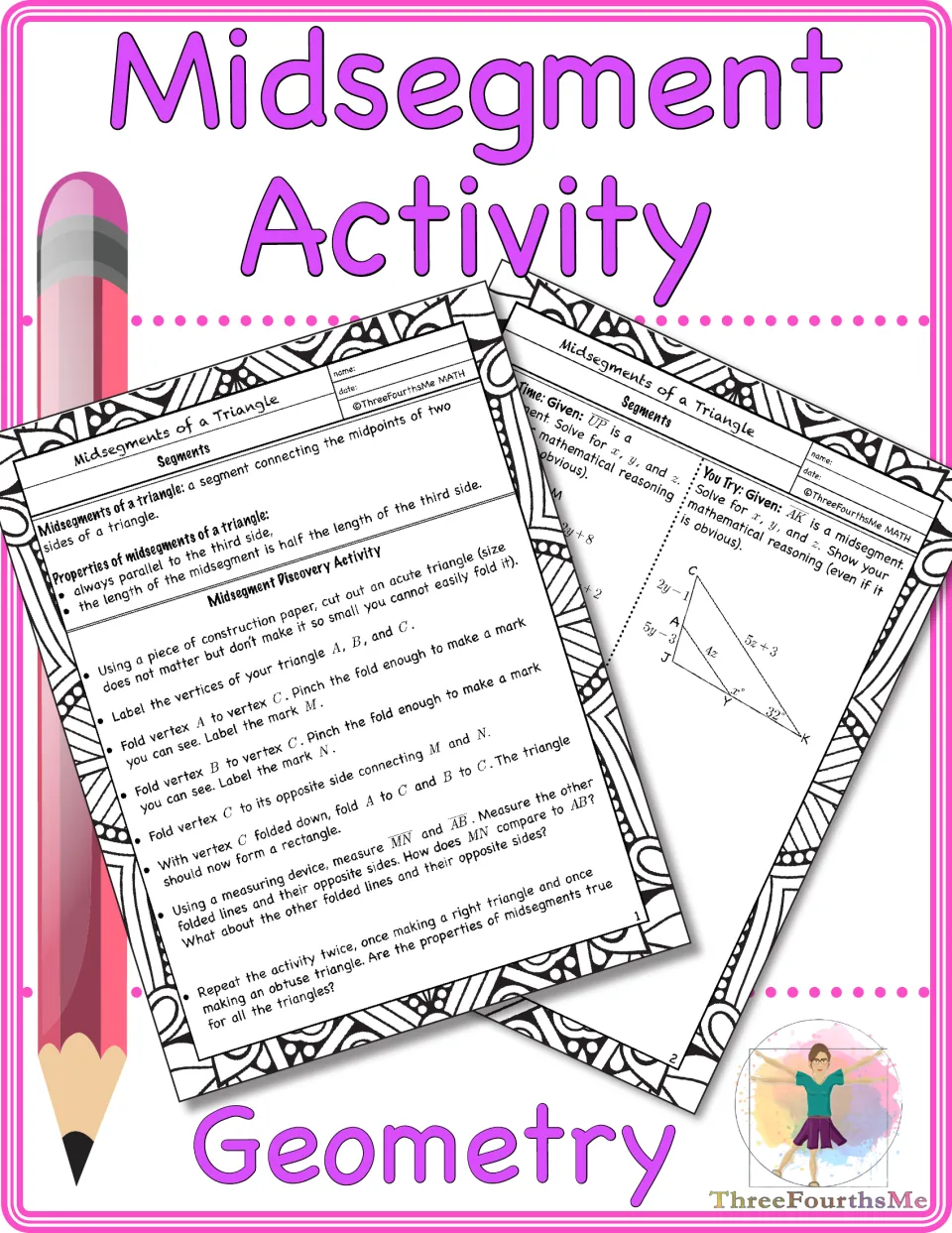 Cover of Midsegments of a Triangle Activity, showing previews of the discovery activity and geometry problems
