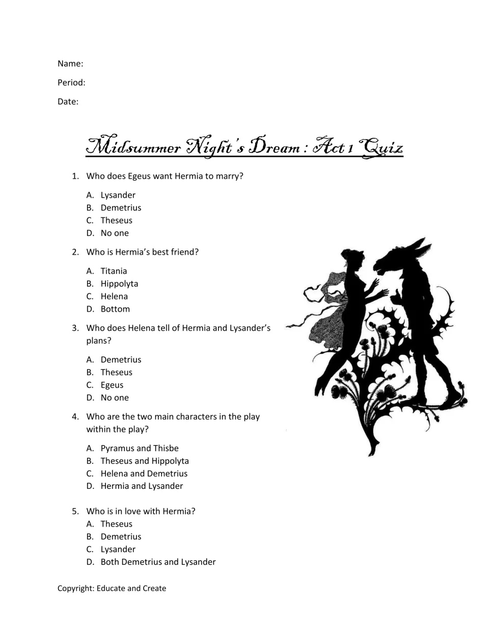Act 1 character recall: five multiple-choice questions on Egeus, Hermia, Helena, Lysander and the play within the play