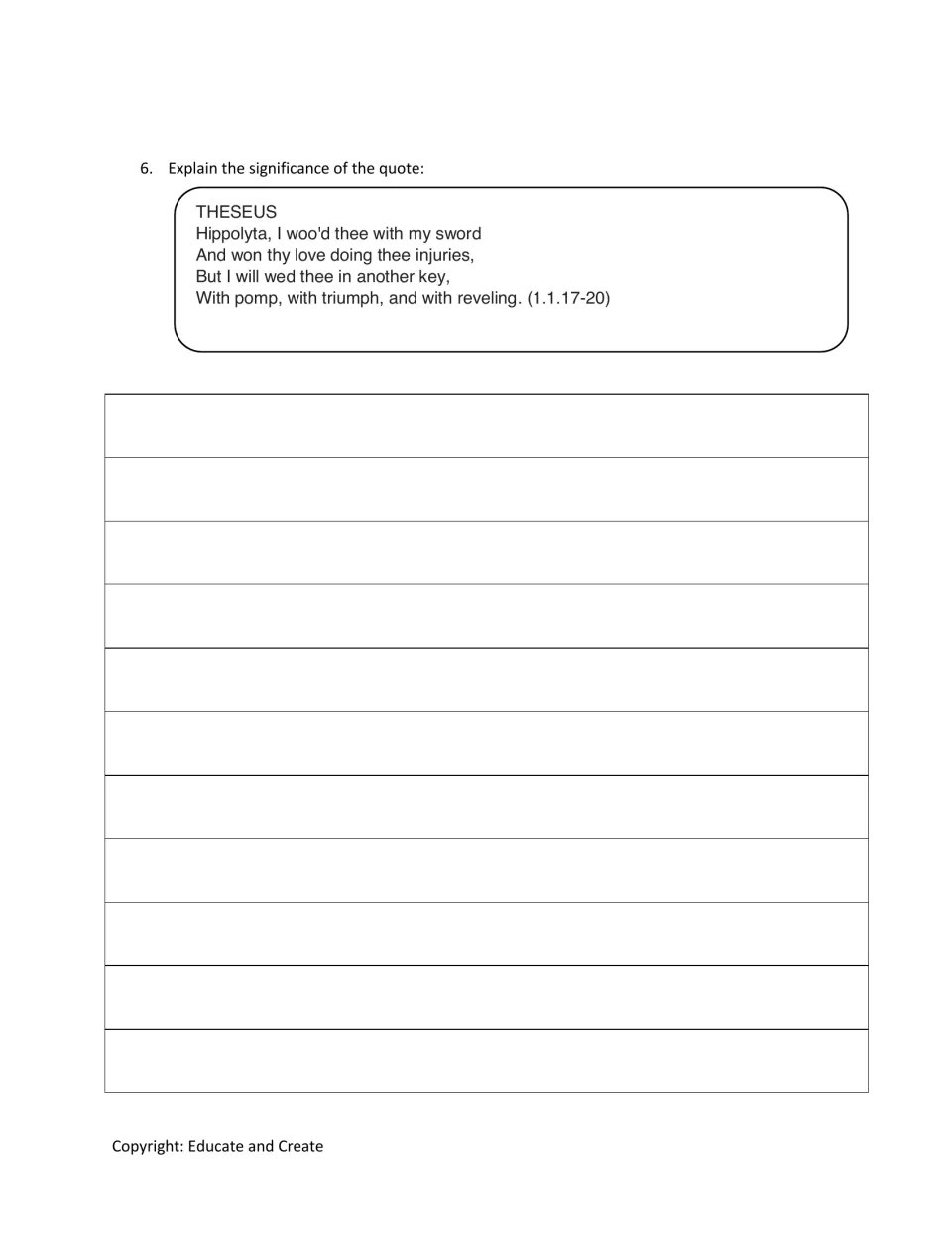 Quote analysis: students explain the significance of Theseus wooing Hippolyta with his sword (1.1.17-20) in writing