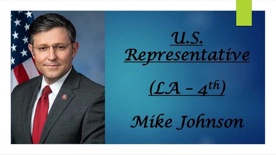 Biography presentation cover identifying Mike Johnson as U.S. representative for Louisiana’s 4th district