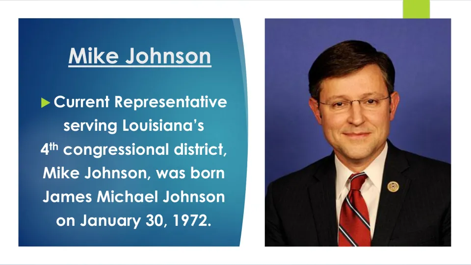 Biography slide giving Mike Johnson’s full name, James Michael Johnson, and birthdate, January 30, 1972