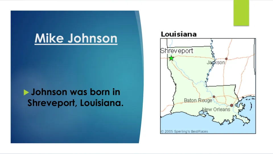 Biography slide naming Shreveport, Louisiana, as Mike Johnson’s birthplace, with a map marking the city