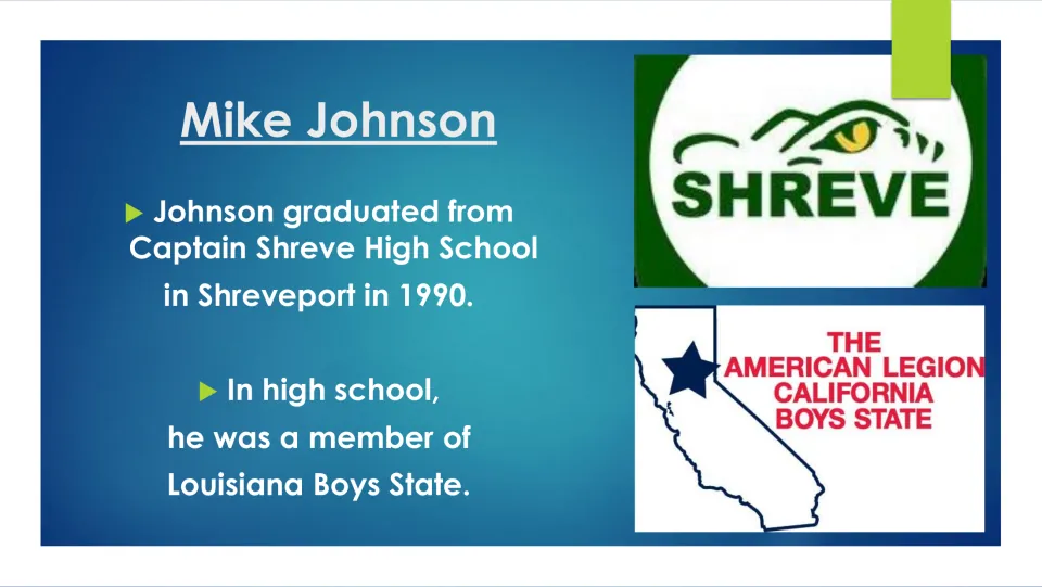 Biography slide covering Johnson’s 1990 Captain Shreve High School graduation and Louisiana Boys State membership