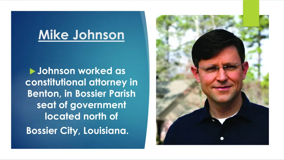 Biography slide describing Johnson’s work as a constitutional attorney in Benton, north of Bossier City
