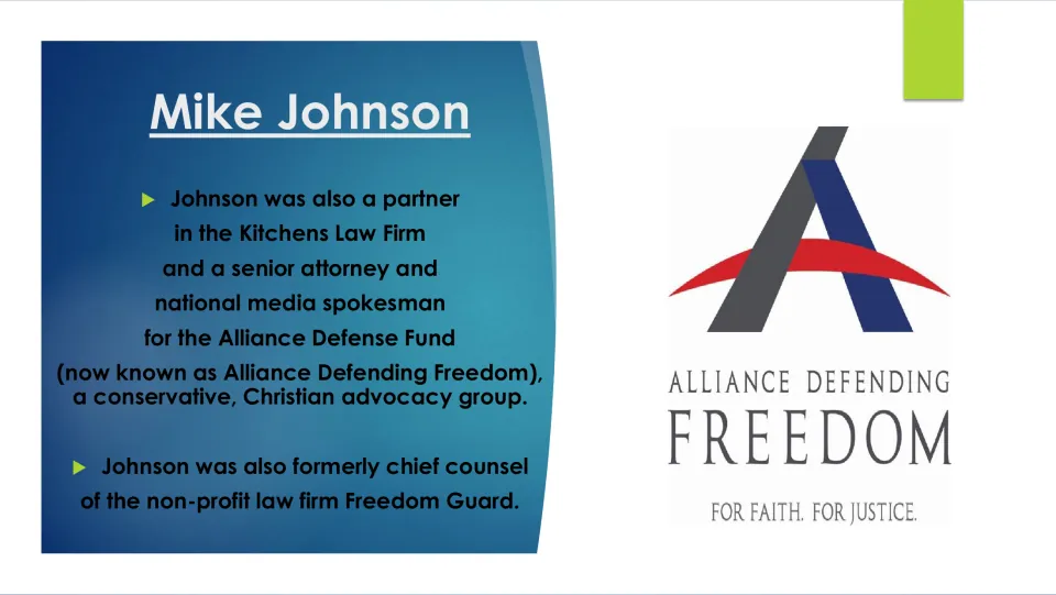 Biography slide outlining Johnson’s legal roles at Kitchens Law Firm, Alliance Defense Fund, and Freedom Guard