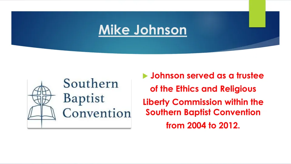 Biography slide noting Johnson’s 2004–2012 trusteeship on the Ethics and Religious Liberty Commission