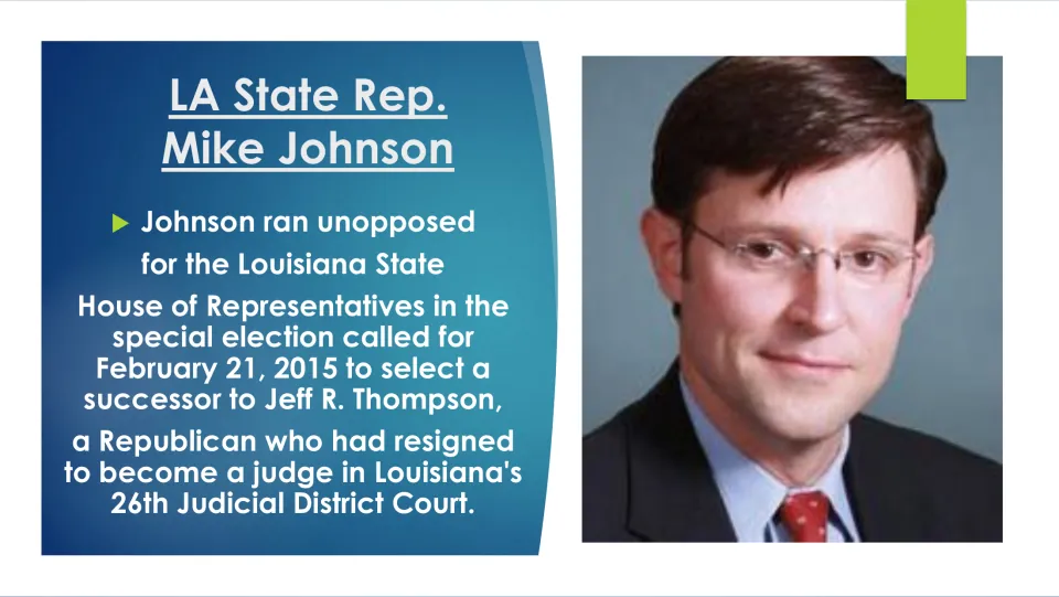 Biography slide describing Johnson’s unopposed 2015 Louisiana House race to succeed Jeff R. Thompson