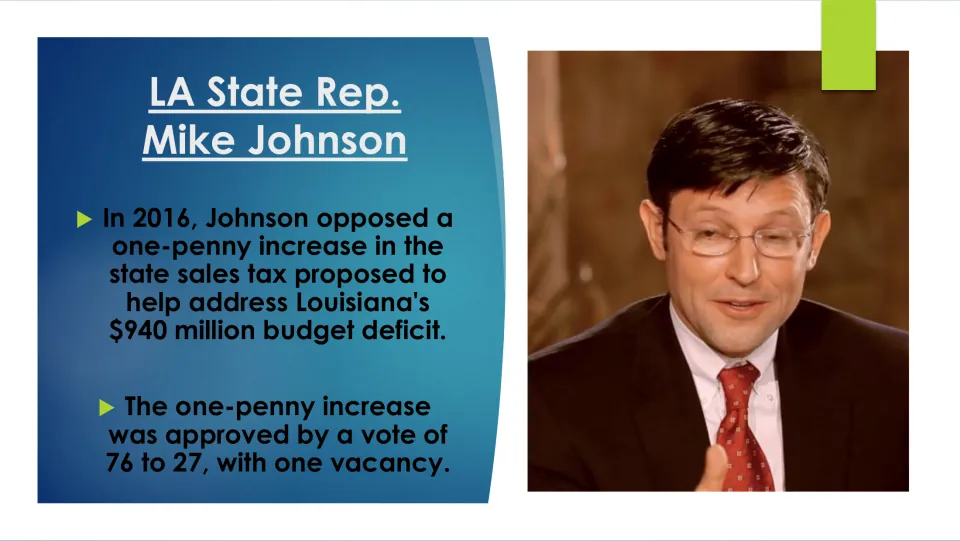 Biography slide covering Johnson’s opposition to a 2016 sales tax increase and its passage by a 76–27 vote