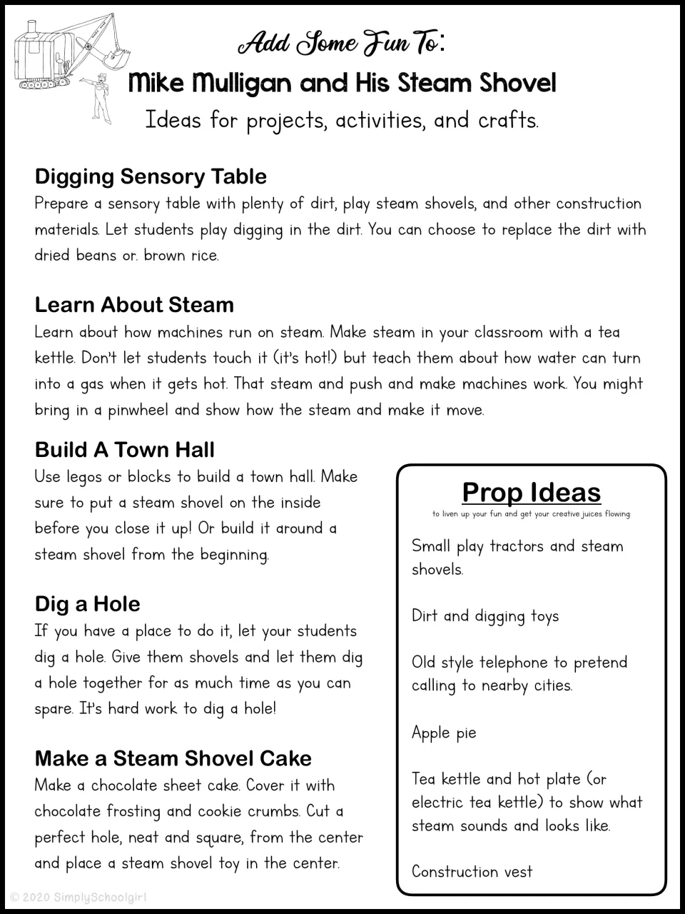 Book study project ideas: a digging sensory table, learning about steam, building a town hall, and two more