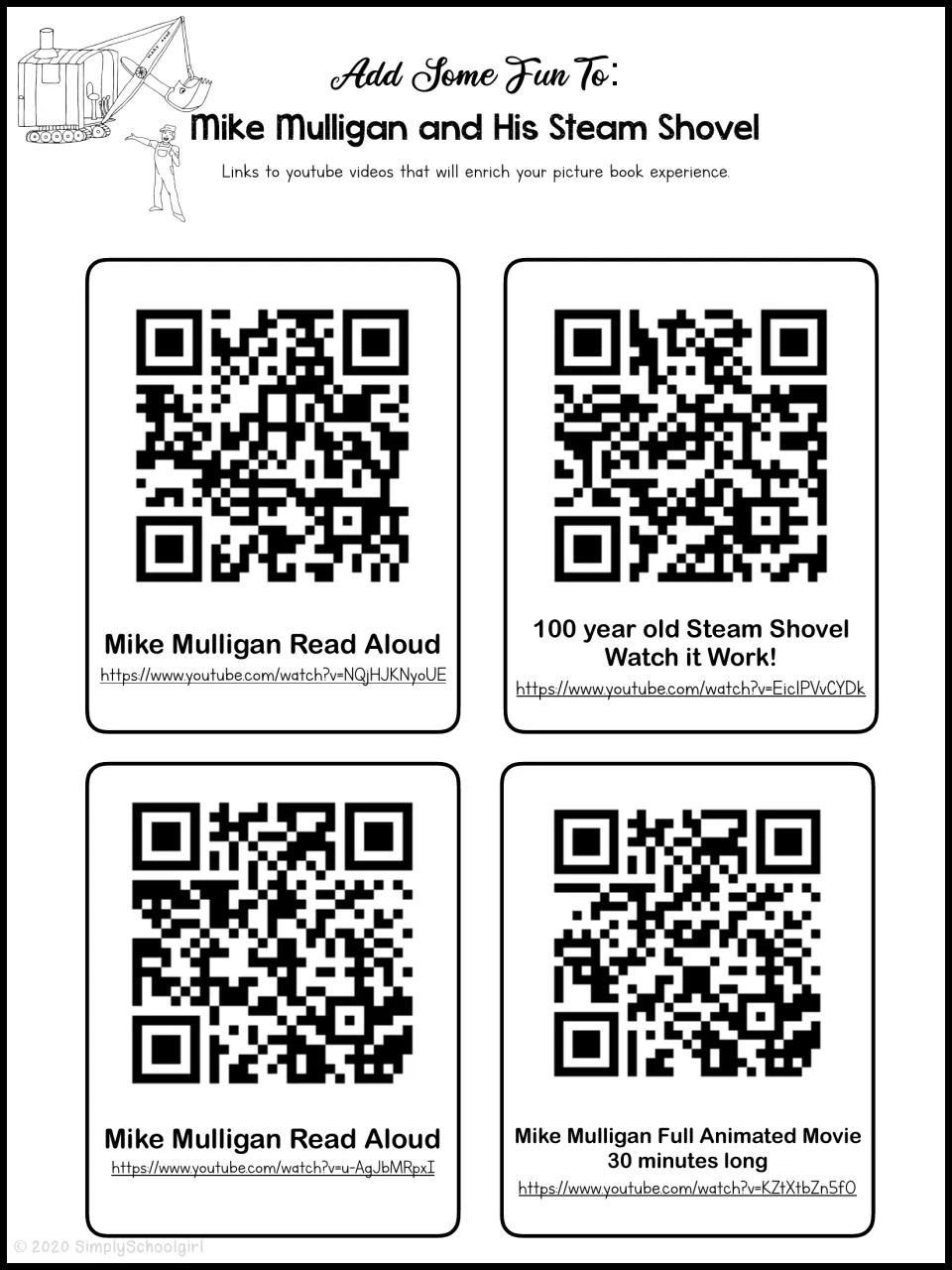 Book study video links and QR codes for two read-alouds, a working steam shovel, and a 30-minute animated movie