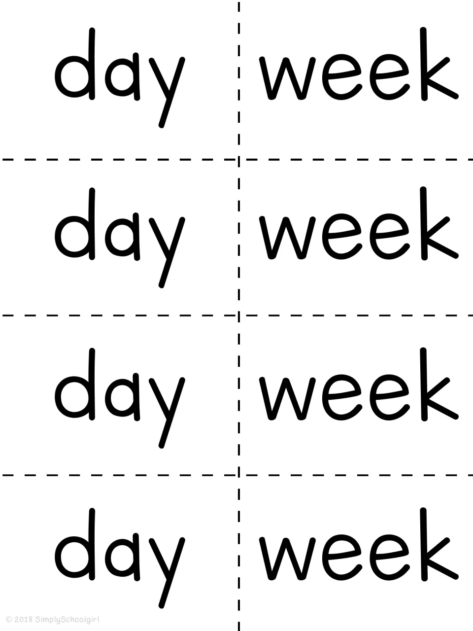 Book study sight word cards for cutting apart: four copies of the word day and four copies of the word week