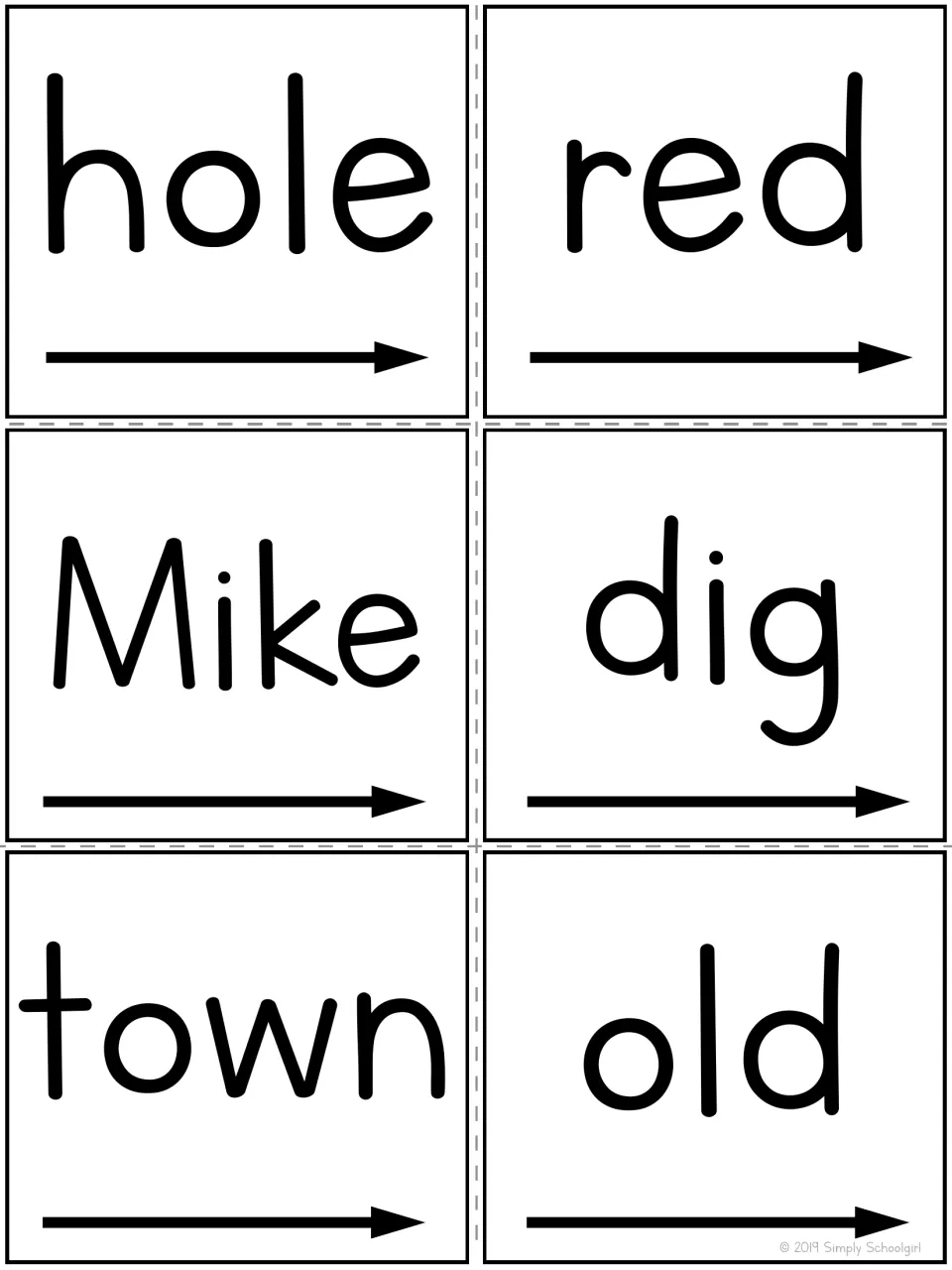 Six book study word cards for reading practice: hole, red, Mike, dig, town, and old, each with a reading arrow