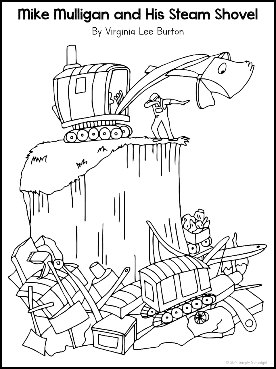 Book study coloring page showing Mike and his steam shovel atop a mound above a pile of discarded machines