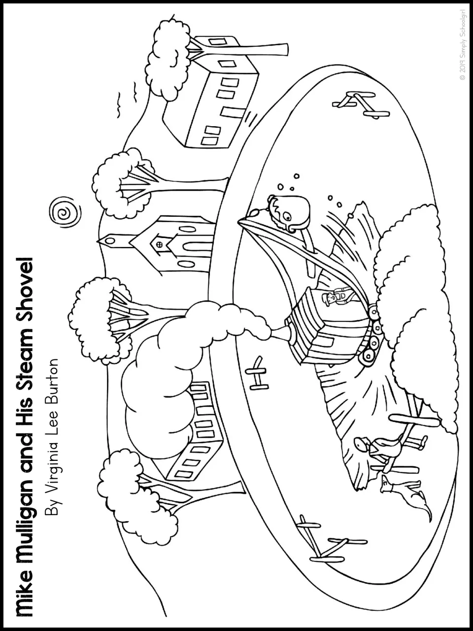 Book study coloring page showing Mike operating the steam shovel in a town excavation as people watch nearby