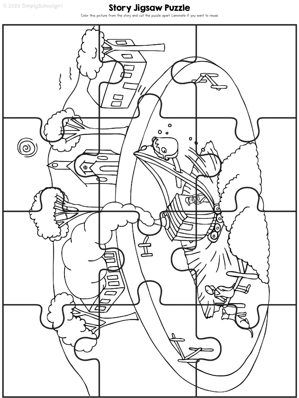 Book study story jigsaw puzzle with 12 pieces to color and cut, showing the steam shovel digging in town