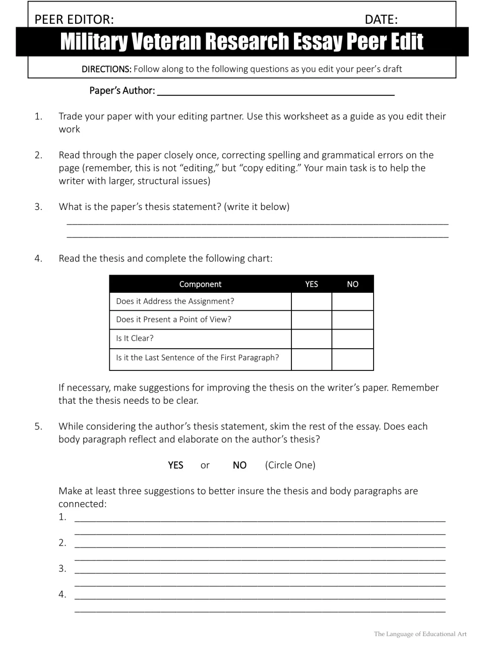 Veteran essay peer edit, part 1: check the thesis statement and its connection to the body paragraphs