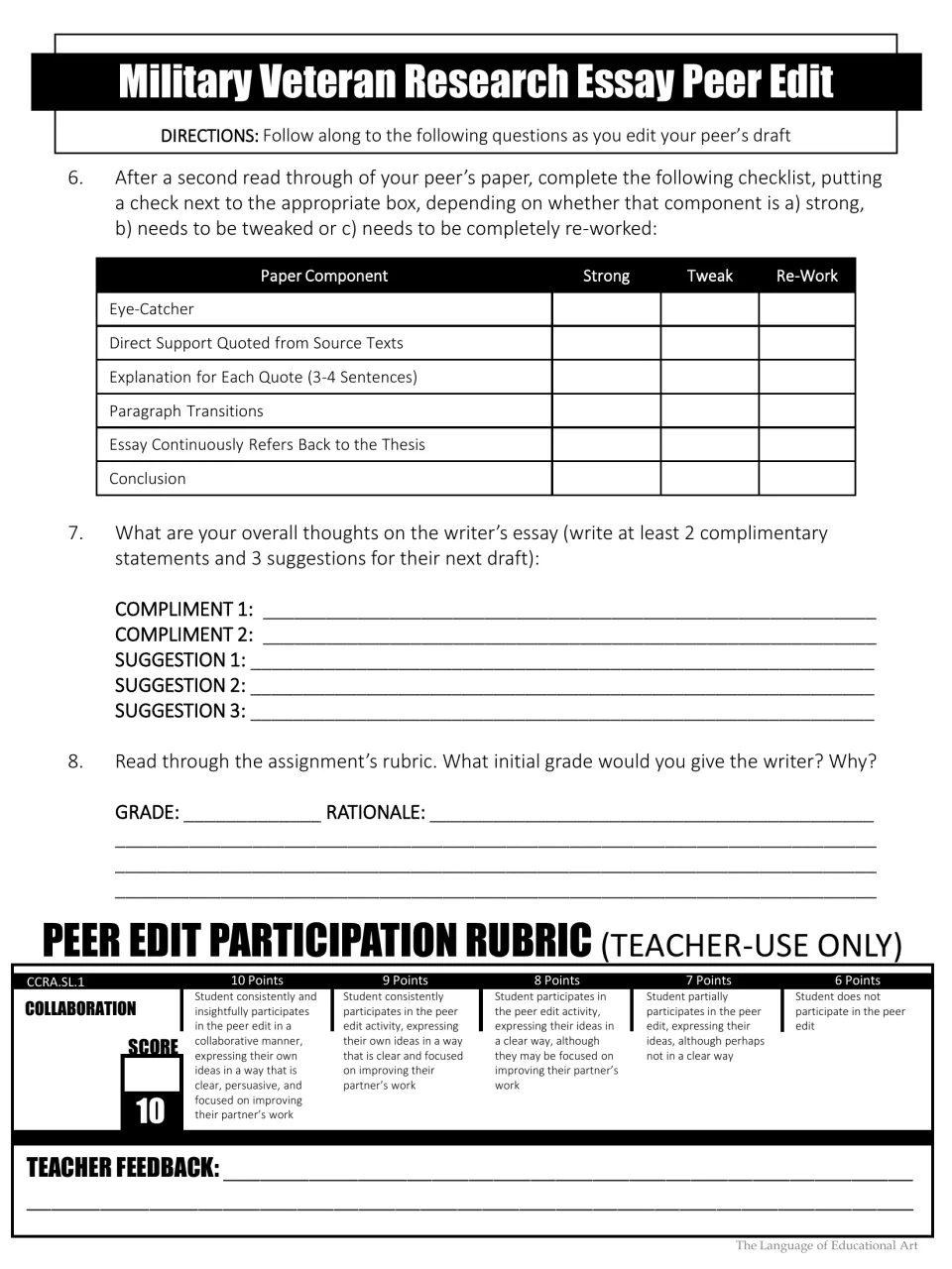 Veteran essay peer edit, part 2: rate essay components, give feedback, and assess editing participation