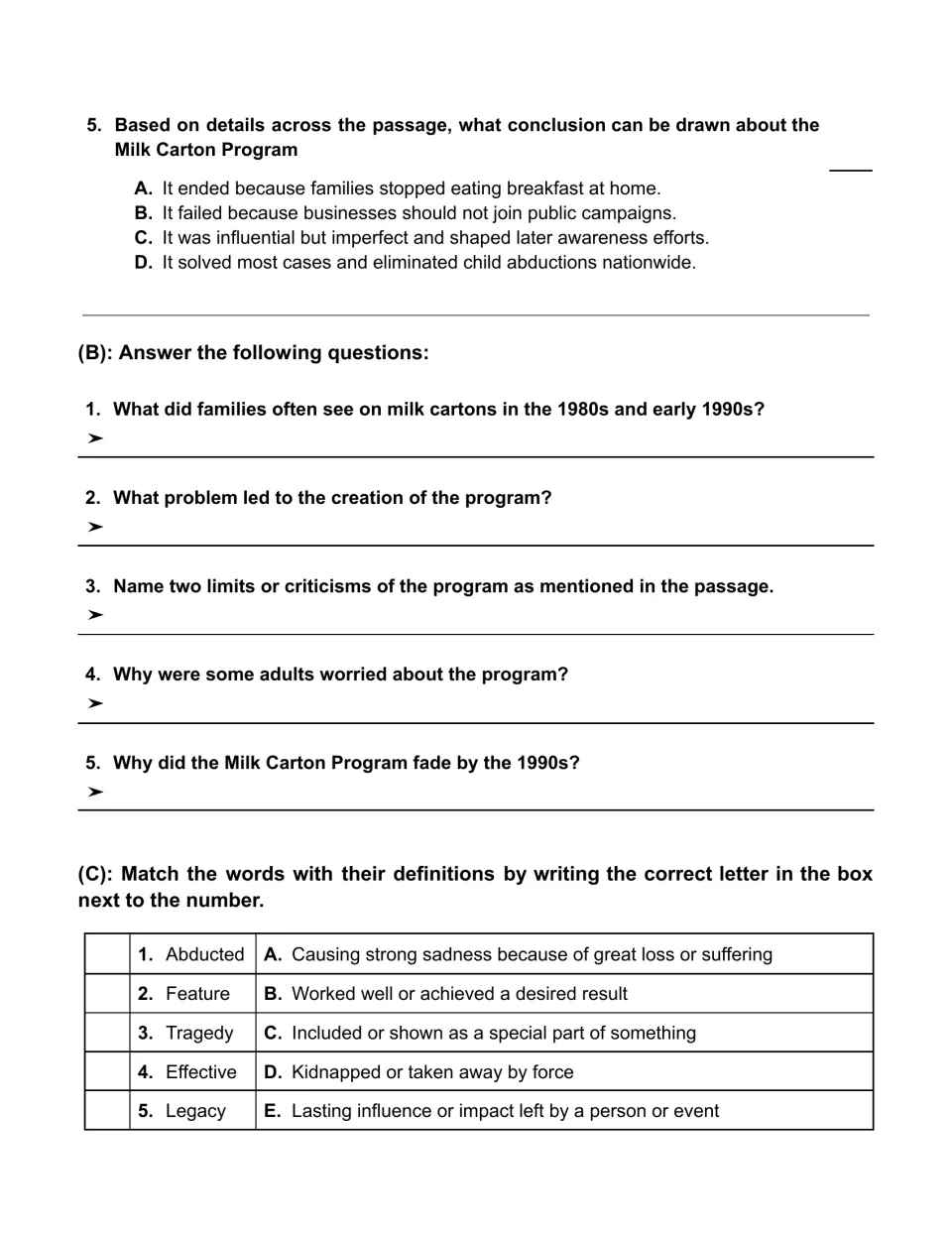 Milk carton questions: a conclusion item, five short written answers, and matching words like abducted and legacy