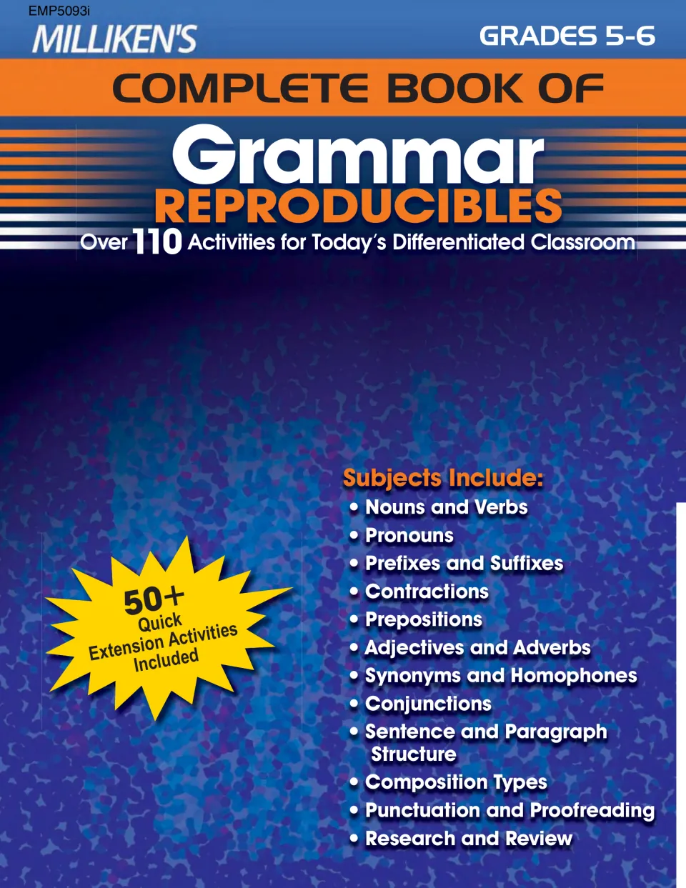 Milliken's Complete Book of Grammar Reproducibles cover, Grades 5-6, listing nouns, verbs, pronouns, punctuation and more