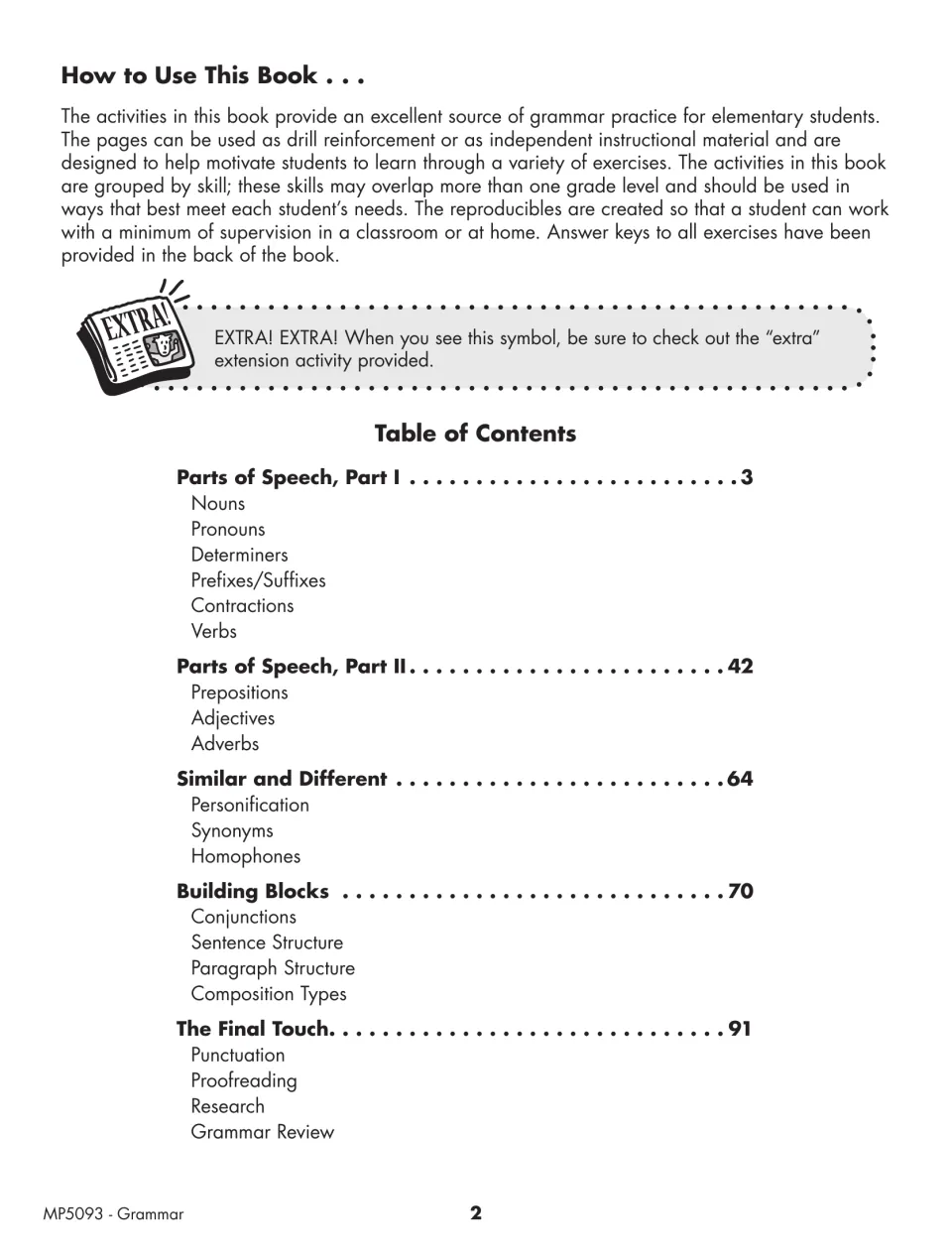 How to Use This Book notes and table of contents: parts of speech, similar and different, building blocks, the final touch