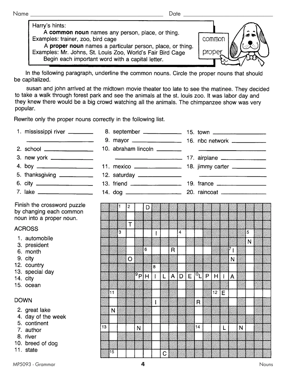 Capitalizing proper nouns: students mark a zoo trip paragraph, fix 20 listed words and fill a crossword of names and places
