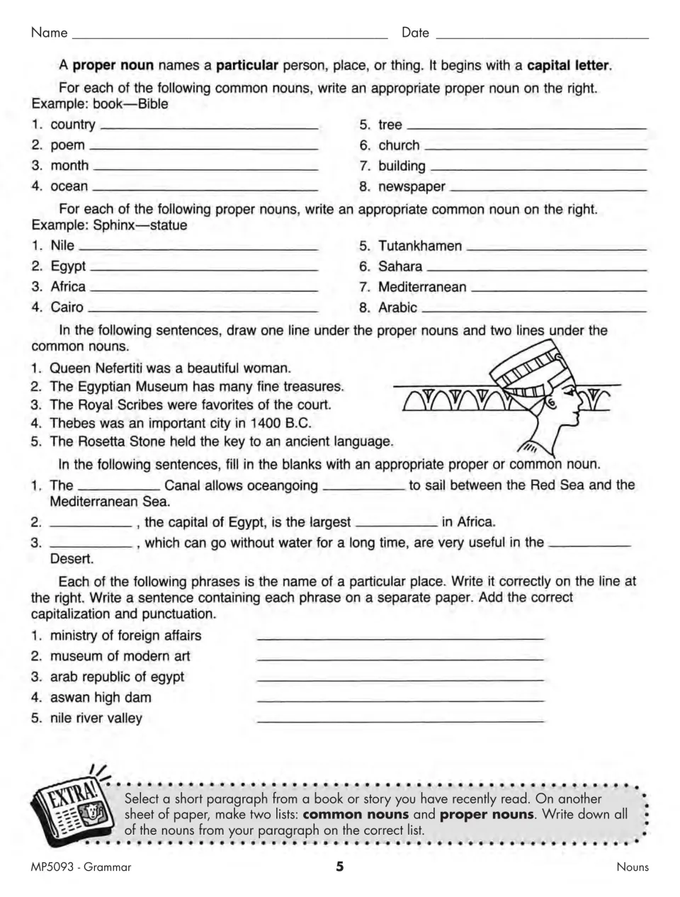 Proper and common nouns, Egypt theme: students pair nouns, underline them, fill blanks and capitalize place names
