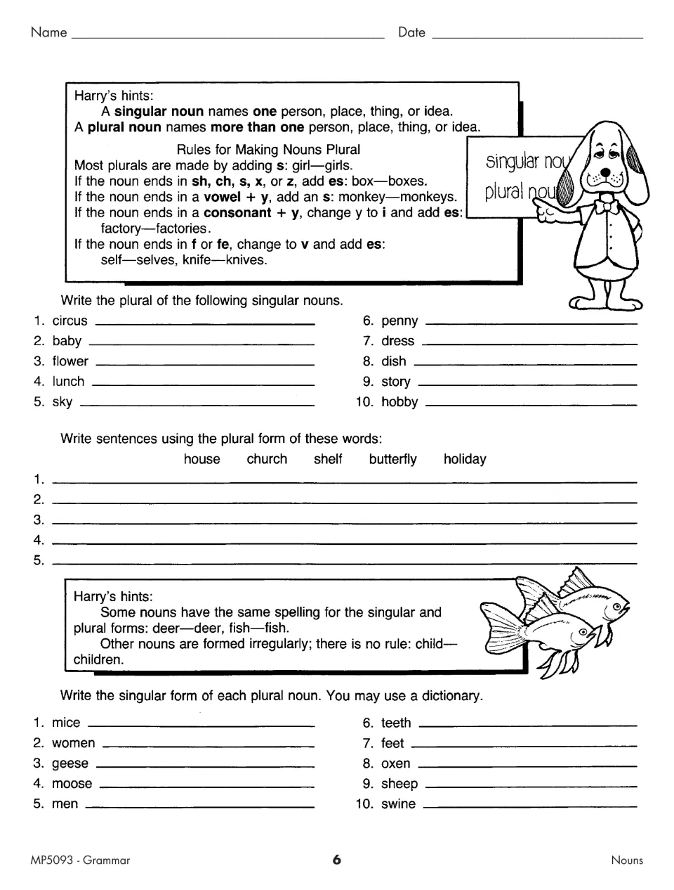Plural nouns: students apply spelling rules to form plurals, use them in sentences and give singulars of irregular nouns