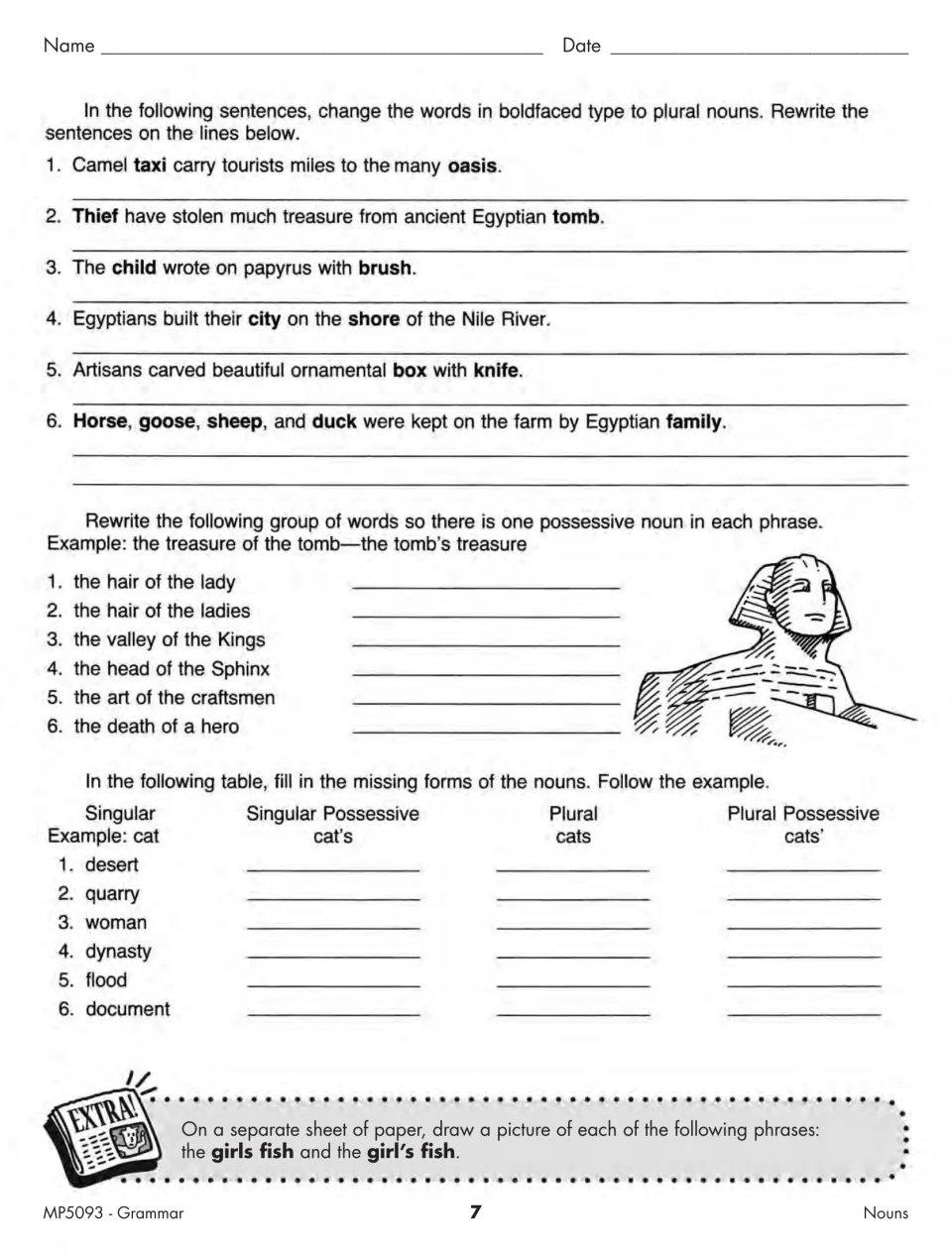 Plural and possessive nouns: students rewrite Egypt sentences with plurals, form possessive phrases and complete a table