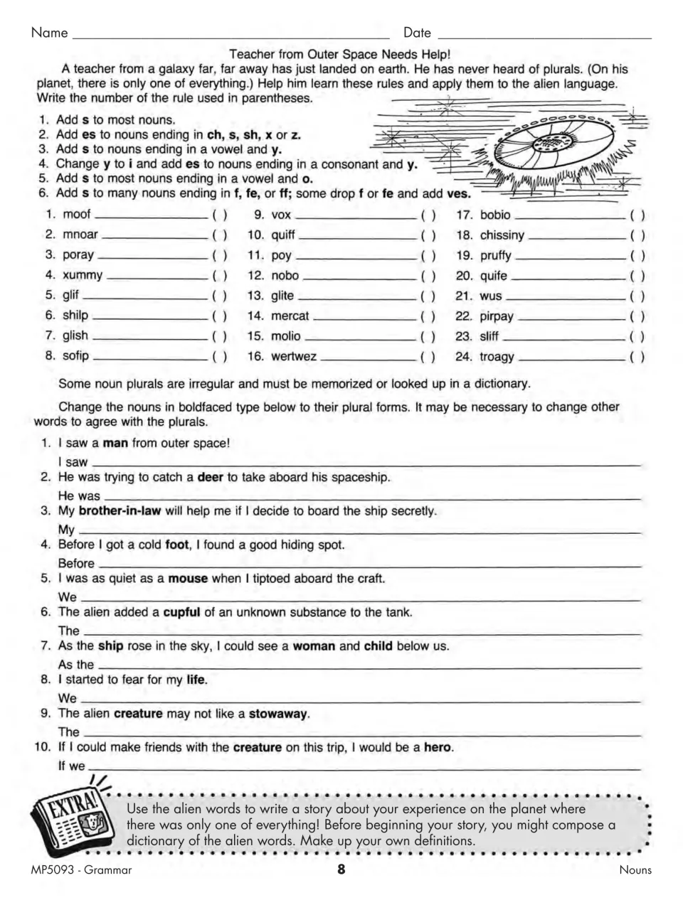 Teacher from Outer Space Needs Help!: students pluralize alien words using six rules, then rewrite irregular plurals