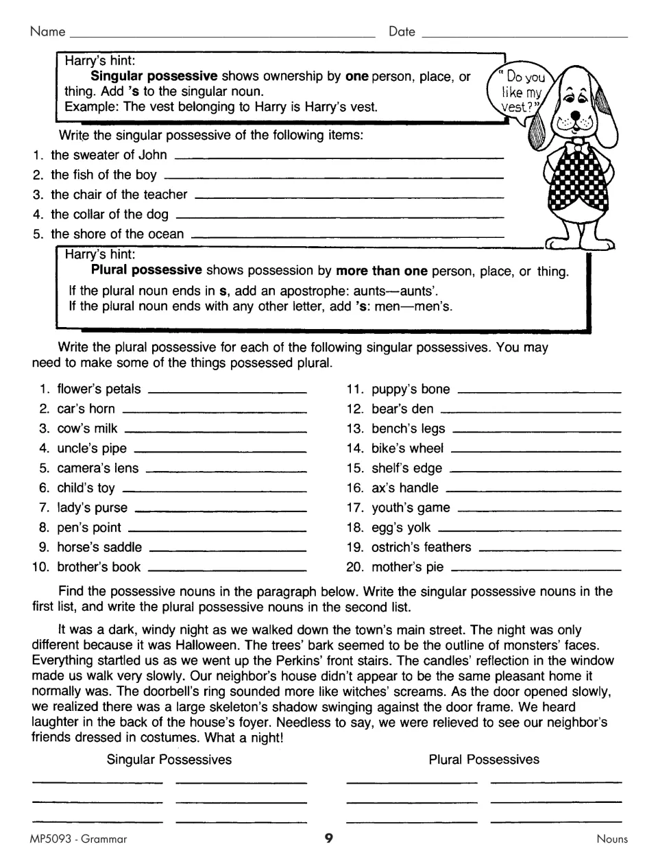 Singular and plural possessives: students write possessive forms, then sort possessive nouns from a Halloween paragraph