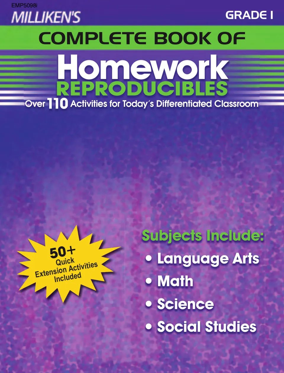 Grade 1 homework book cover listing over 110 activities in language arts, math, science, and social studies