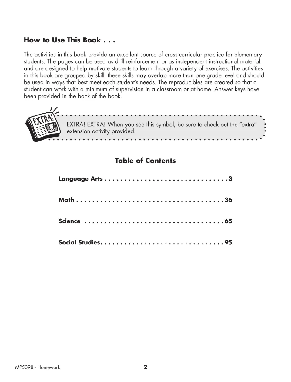 Homework book instructions explain independent practice, extension activities, and the four subject sections