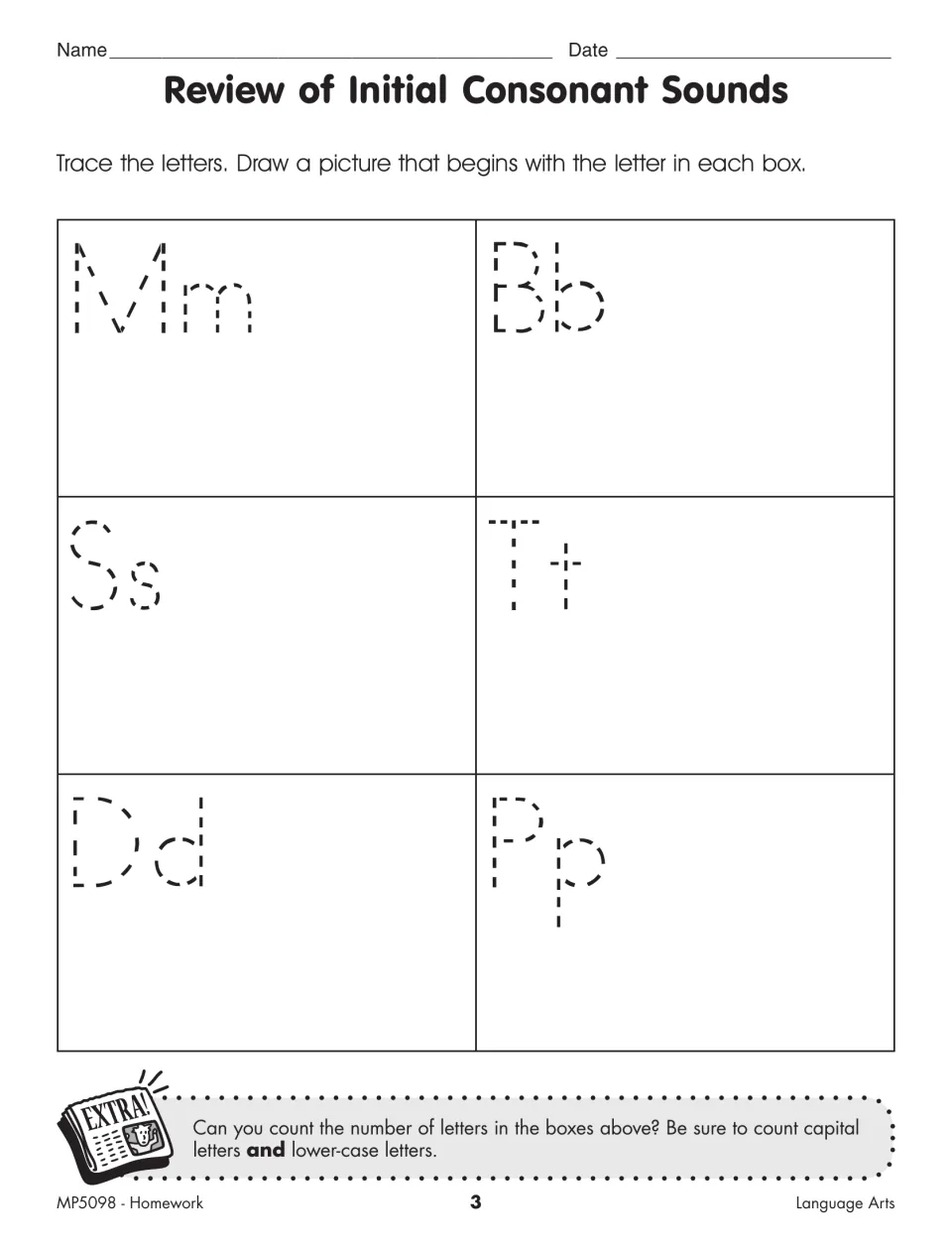 Initial consonant practice asks students to trace Mm, Bb, Ss, Tt, Dd, and Pp and draw matching pictures