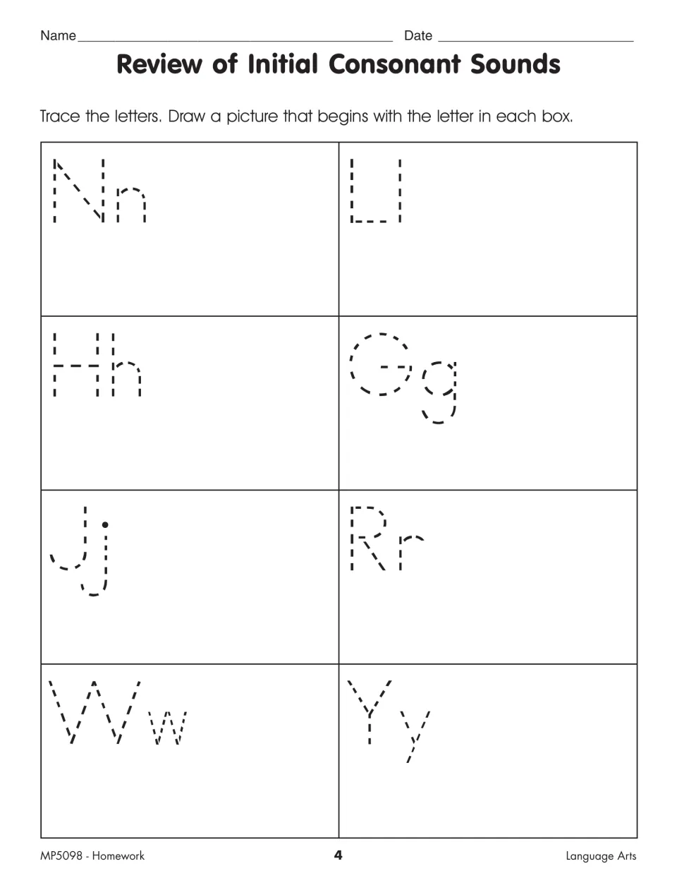 Initial consonant practice asks students to trace Nn, Ll, Hh, Gg, Jj, Rr, Ww, and Yy and draw pictures