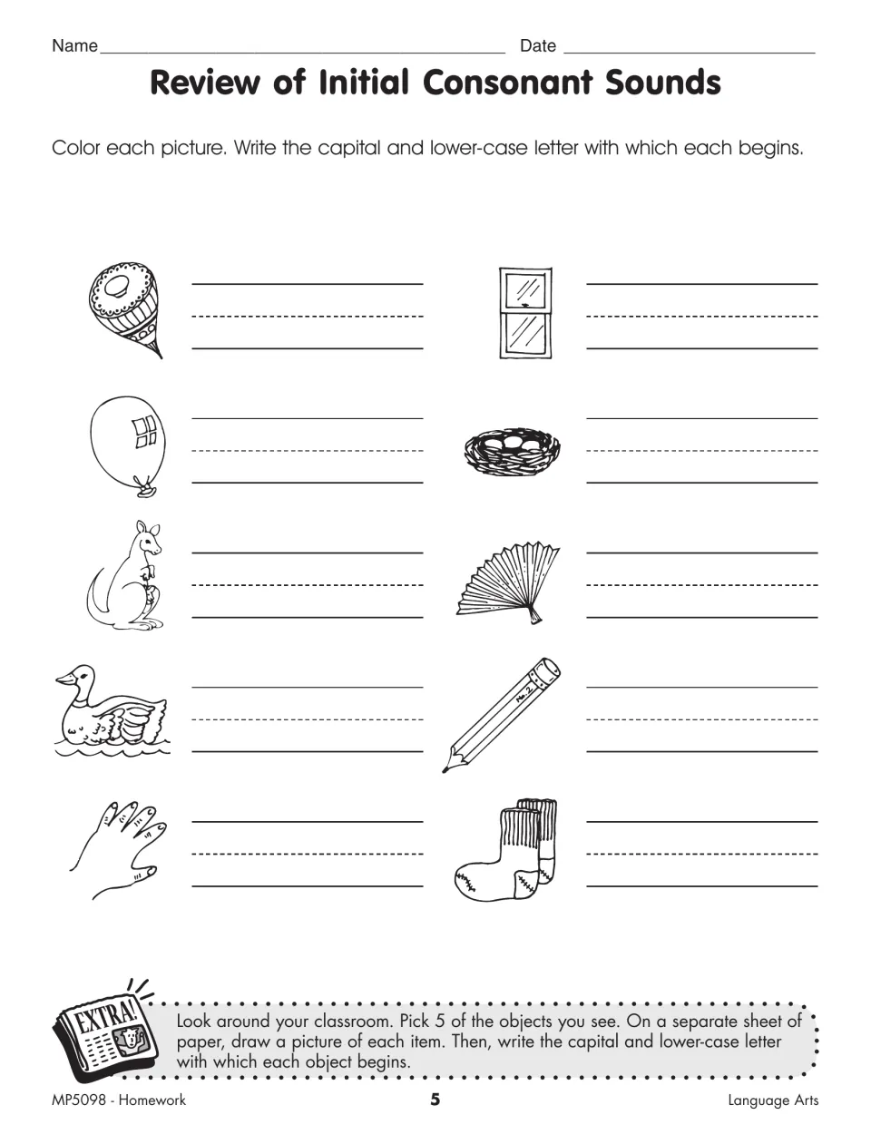 Initial consonant practice uses ten pictures for coloring and writing uppercase and lowercase beginning letters