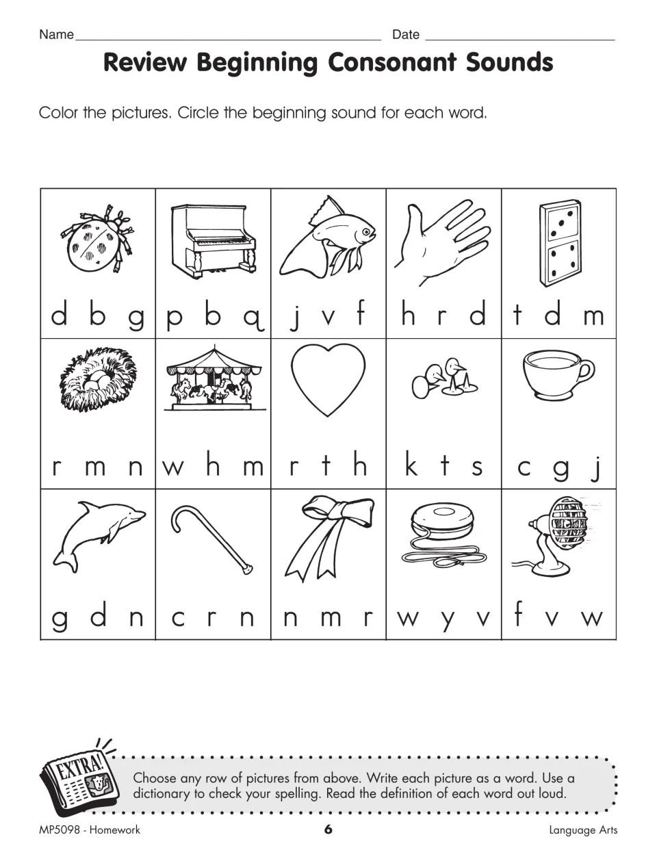 Beginning consonant practice asks students to color 15 pictures and circle letters for their initial sounds