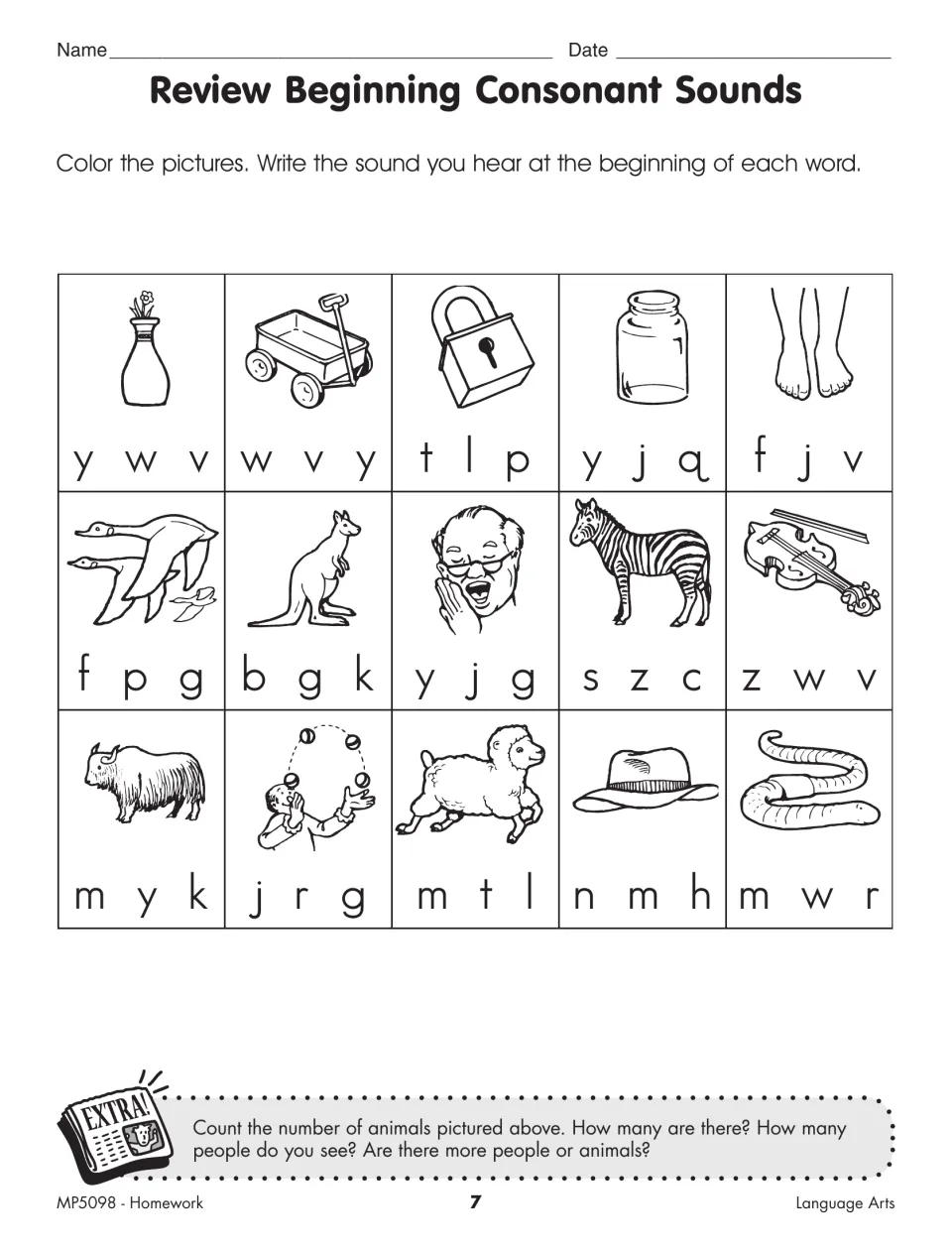 Beginning consonant practice features vase, wagon, lock, jar, foot, and ten more pictures with letter choices