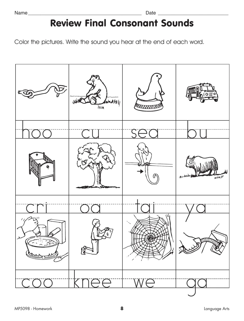 Final consonant practice asks students to complete 12 pictured words, including hook, cub, seal, and bus
